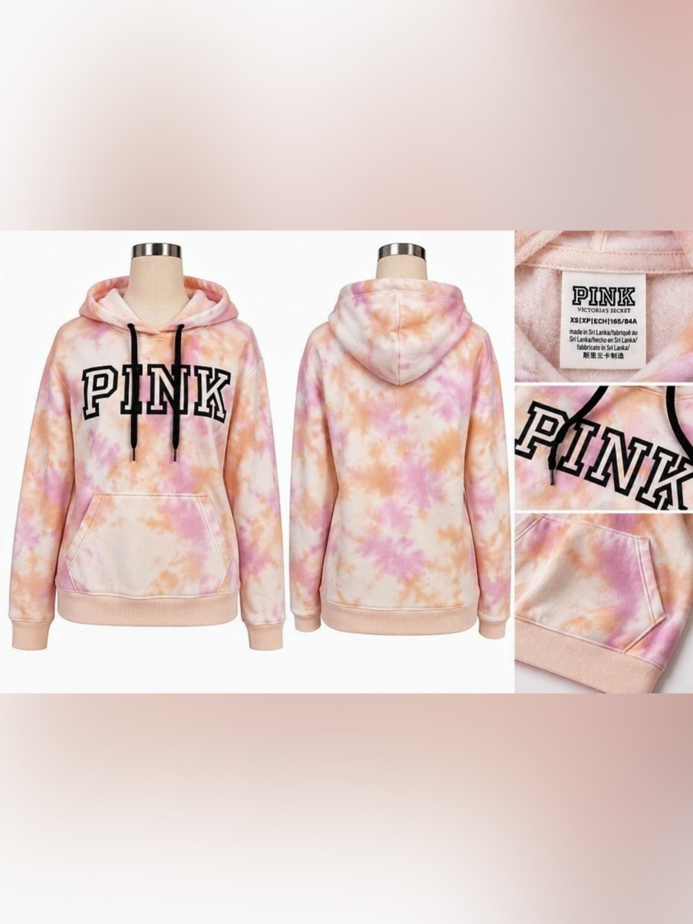 Victoria’s Secret PINK Tie Dye Hoodie XS Pastel Peach Pink Varsity Logo